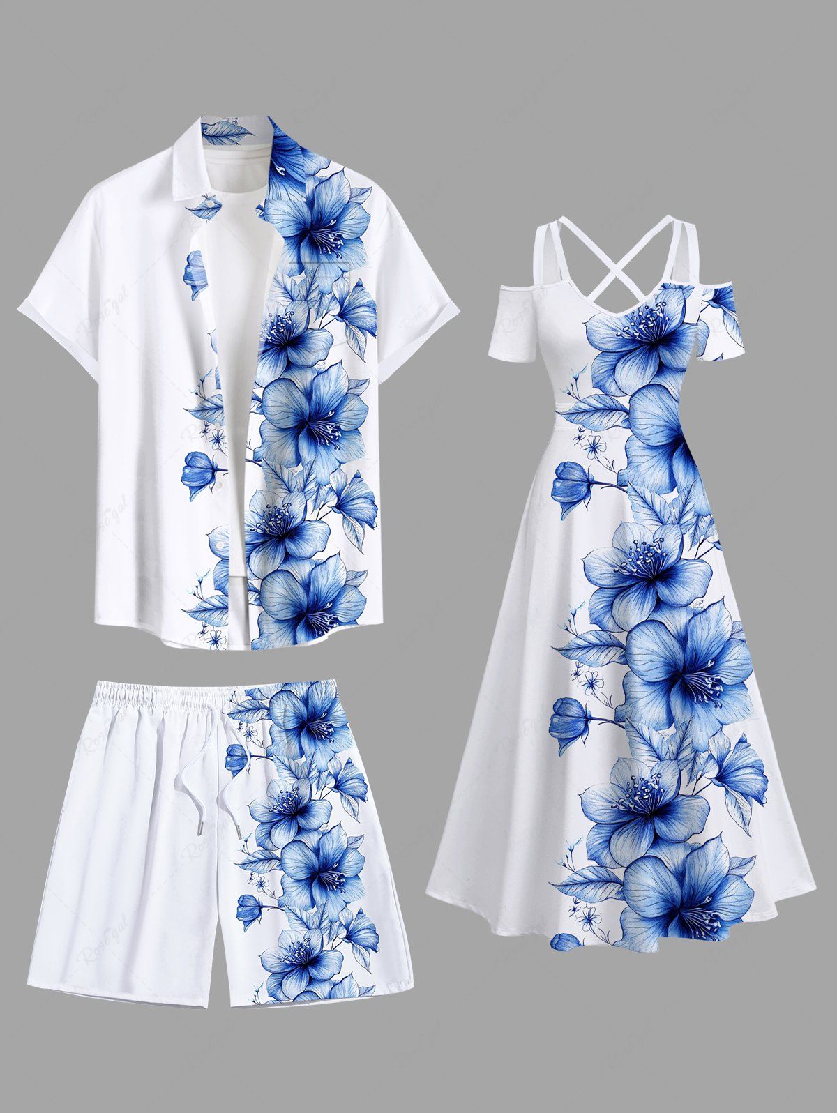 Tenue de plage hawaïenne assortie grande taille à imprimé tropical et fleurs d'hibiscus pour couples Blanc 