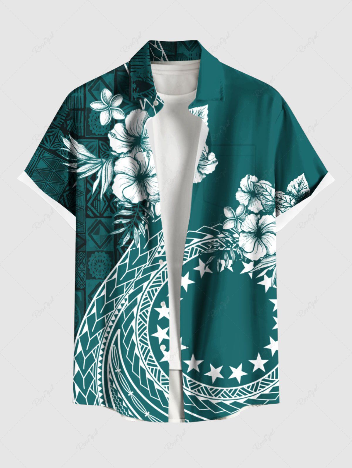 Chic Plus Size Hibiscus Flowers Stars Scarf Print Buttons Pocket Hawaii Shirt For Men  