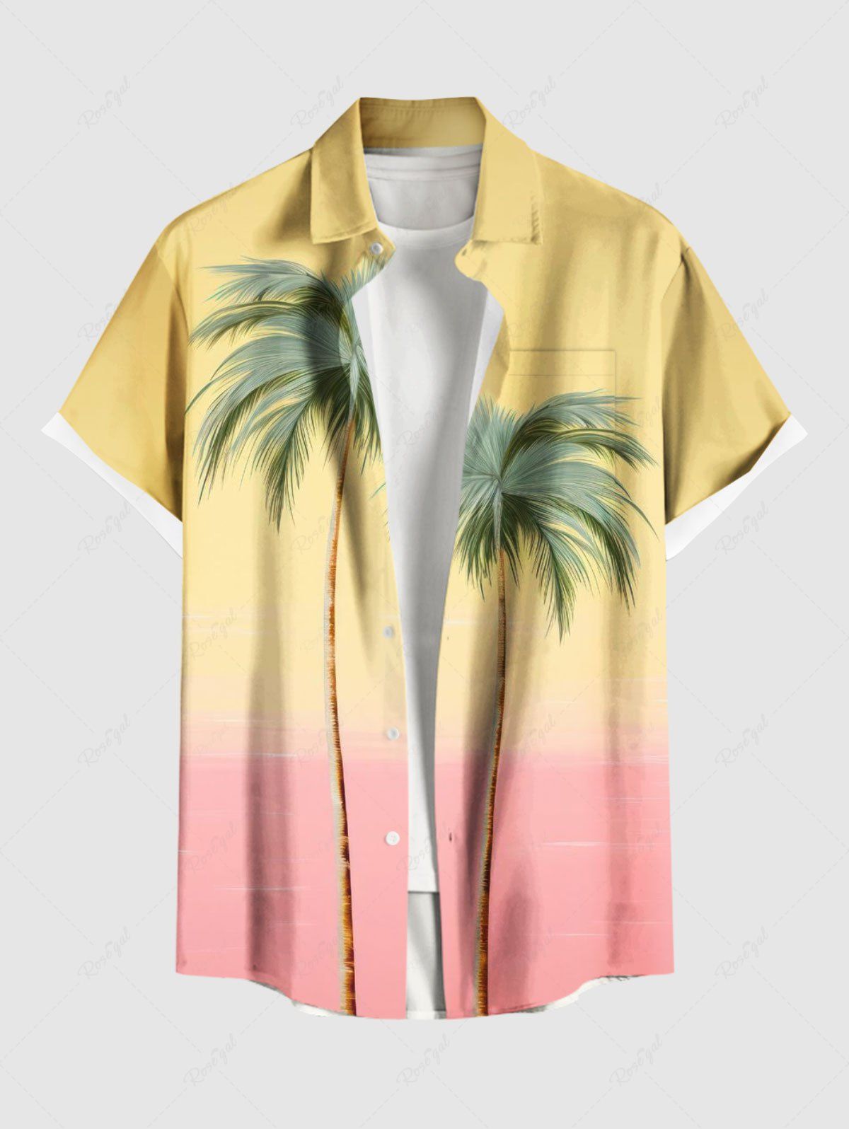 Outfit Plus Size Coconut Tree Colorblock Print Buttons Pocket Hawaii Shirt For Men  