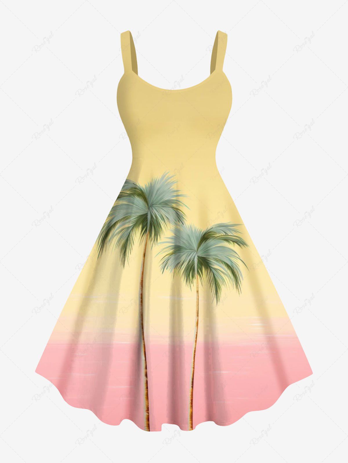 Fashion Plus Size Coconut Tree Colorblock Print Hawaii Tank Dress  