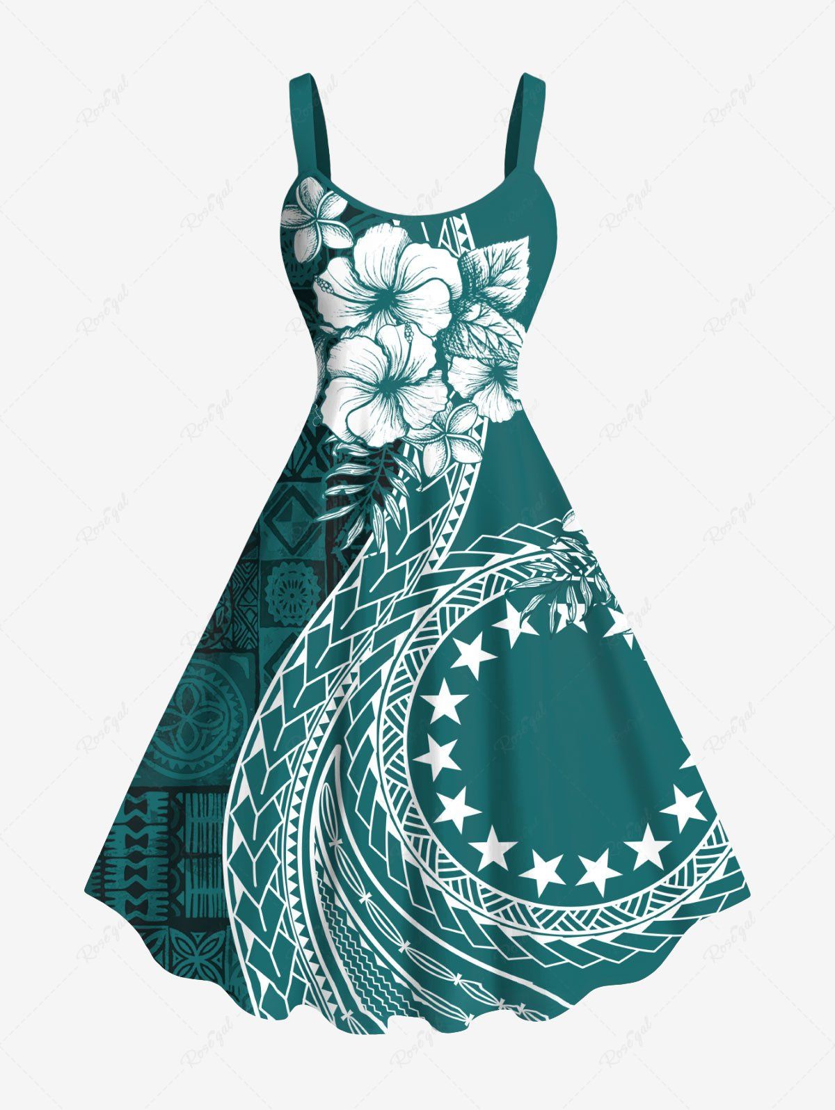 Buy Plus Size Hibiscus Flowers Stars Scarf Print Hawaii Tank Dress  