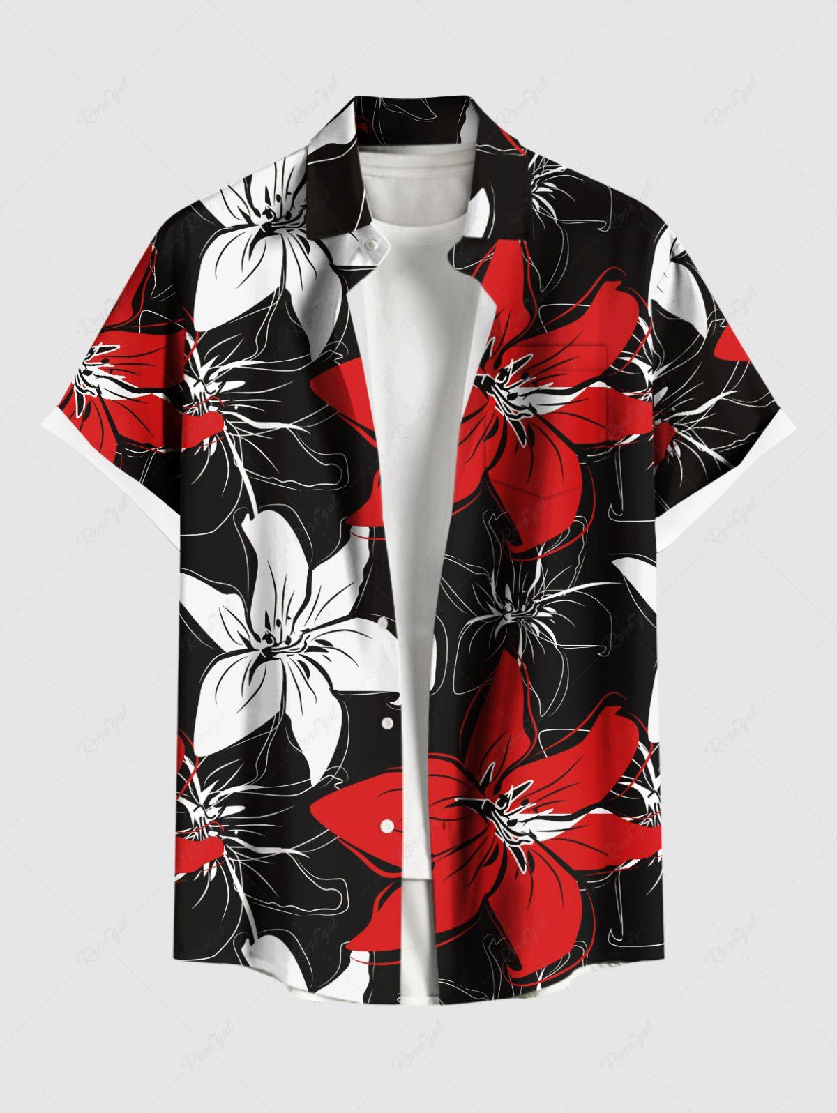 Buy Plus Size Hibiscus Flower Print Buttons Pocket Hawaii Shirt For Men  