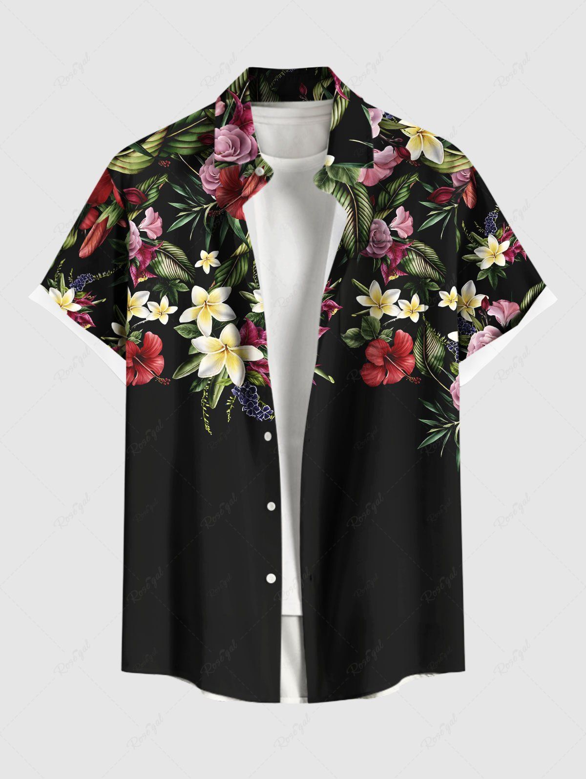 Outfit Plus Size Hibiscus Flower Leaf Tropical Print Buttons Pocket Hawaii Shirt For Men  