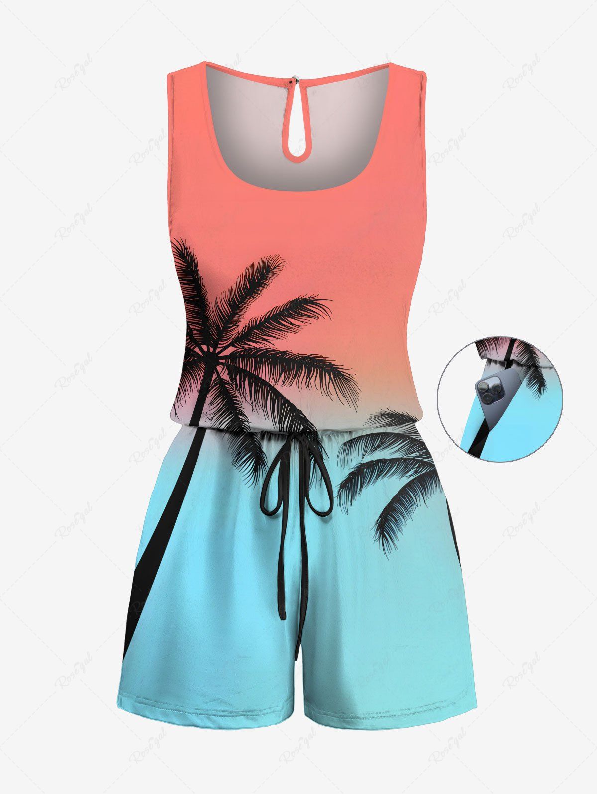 Discount Plus Size Coconut Tree Ombre Colorblock Print Cinched Hawaii Romper  