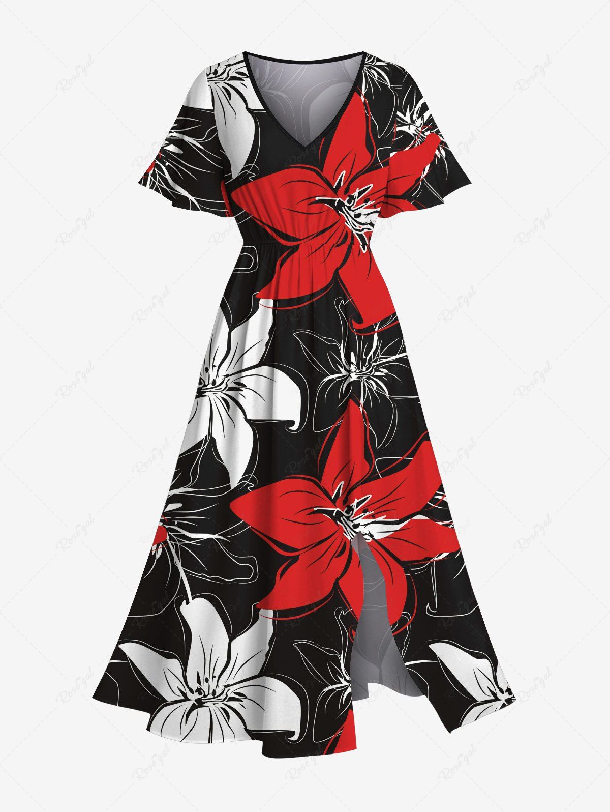Best Plus Size Hibiscus Flower Print Split Hawaii Midi Dress  