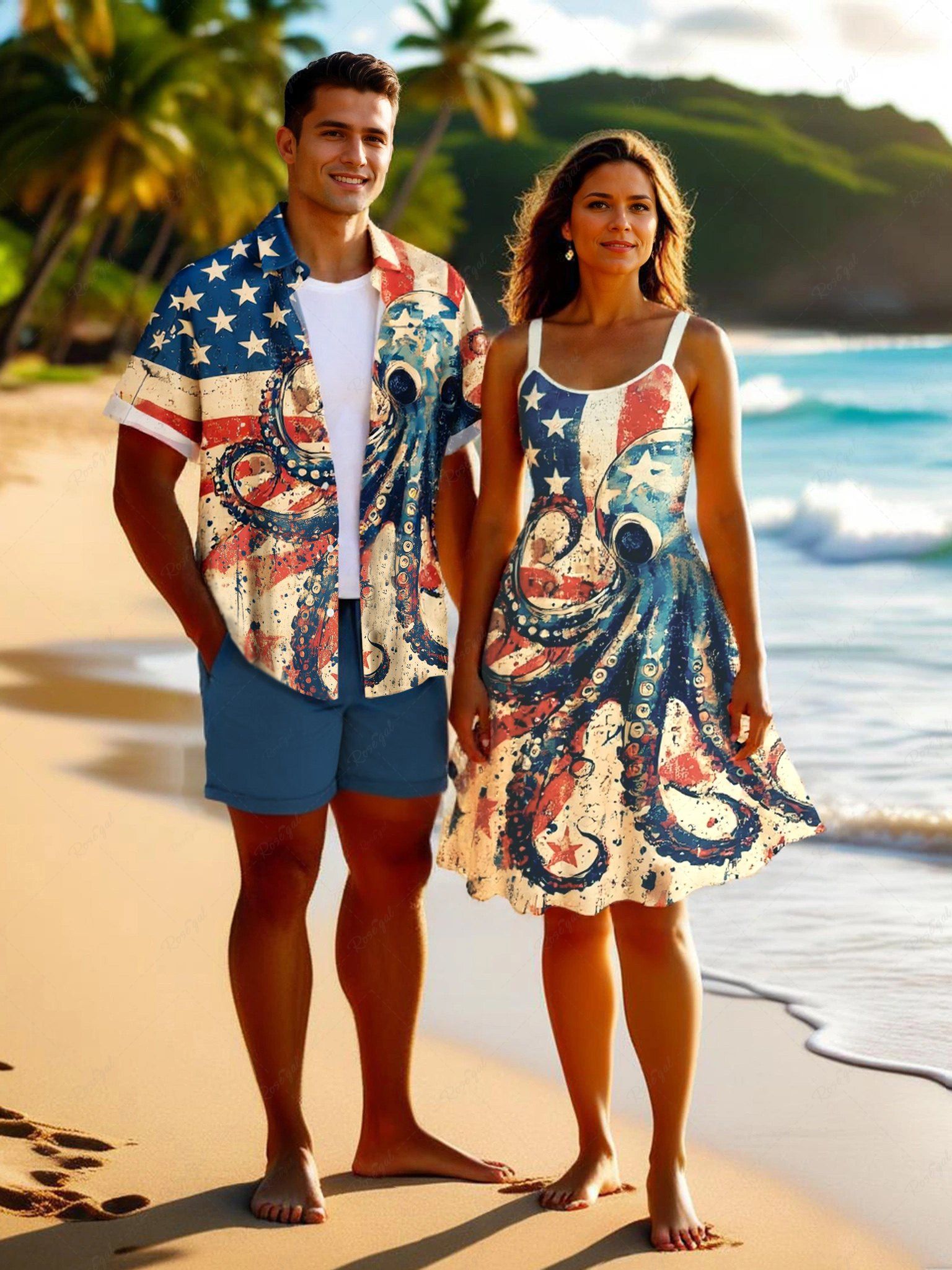 Outfit Distressed Octopus Patriotic American Flag Print Plus Size Matching Hawaii Beach Outfit For Couples  
