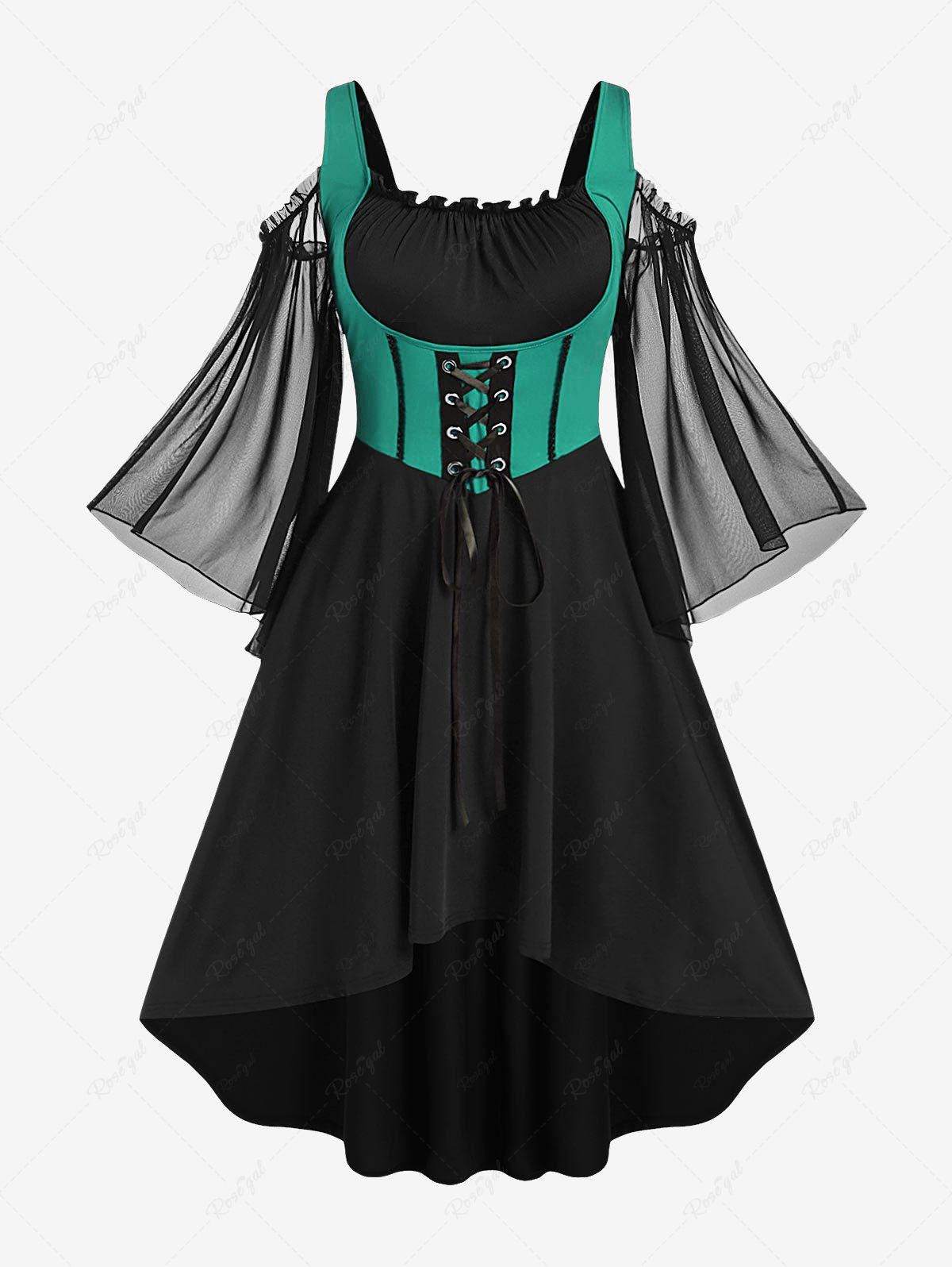 Fashion Plus Size Lace Up Cold Shoulder Flare Sleeves High Low Ruched Renaissance Corset Dress  