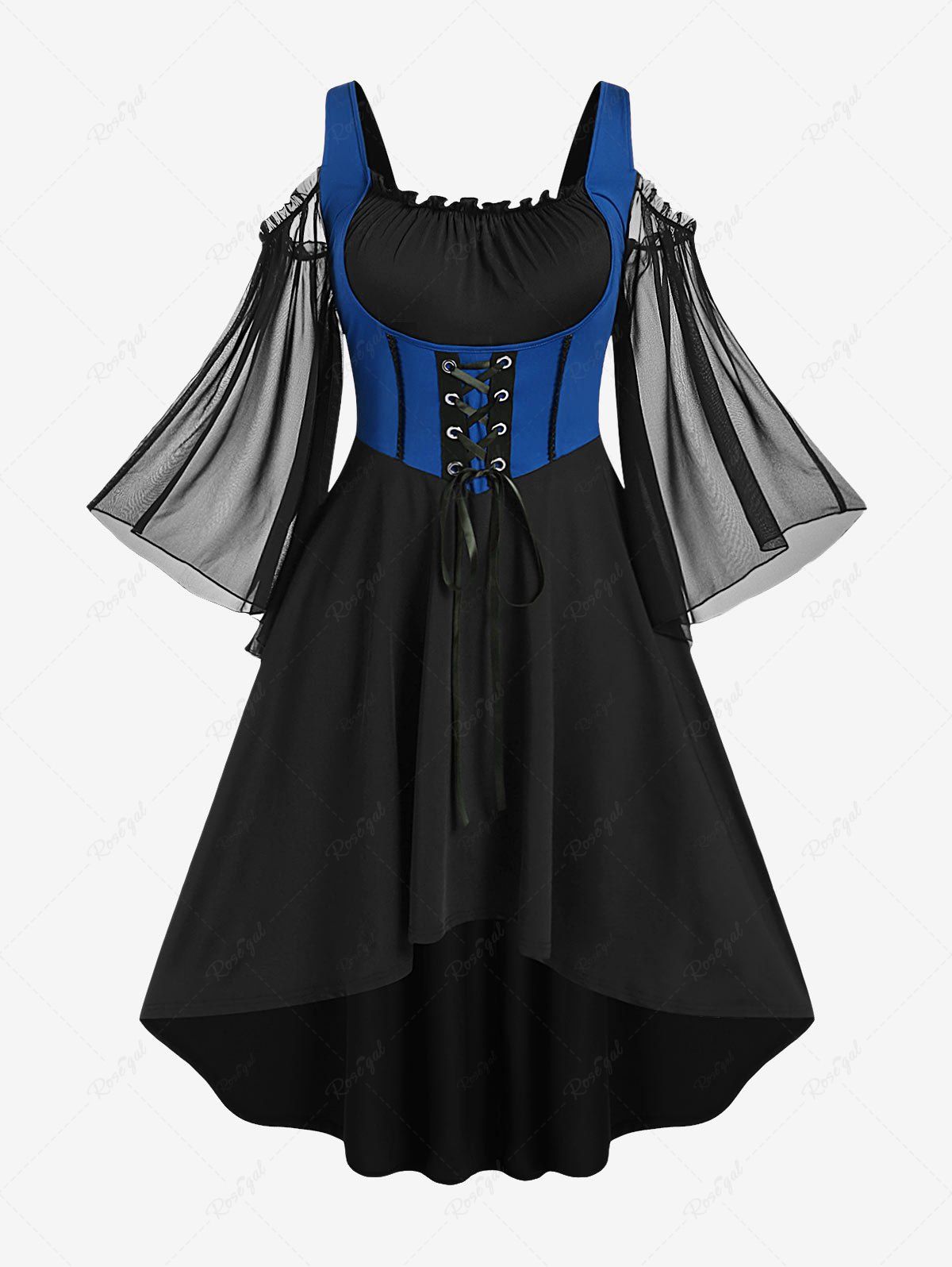 Cheap Plus Size Lace Up Cold Shoulder Flare Sleeves High Low Ruched Renaissance Corset Dress  