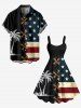 Chemise grande taille à lacets et imprimé 3D avec boutons et poche pour homme, motif drapeau américain patriotique et cocotier - Noir L