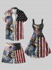 Plus Size 3D Lace Up Patriotic American Flag Eagle Print Drawstring Pocket Beach Shorts For Men -  
