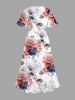 Plus Size Two Tone Flower Leaves Print Hawaii Split Pocket A Line Midi Dress -  