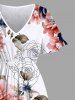 Plus Size Two Tone Flower Leaves Print Hawaii Split Pocket A Line Midi Dress -  