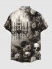 Plus Size Distressed Skull Rose Flower Chandelier Print Ombre Button Pocket Shirt For Men -  