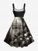 Plus Size Distressed Skull Rose Flower Chandelier Print Ombre A Line Tank Dress -  