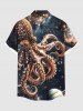 Plus Size Octopus Planet Galaxy Print Hawaii Button Pocket Shirt For Men -  