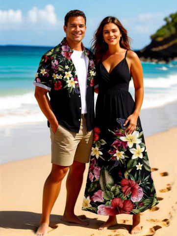 Tenue de plage hawaïenne assortie grande taille à imprimé tropical, motif fleur d&#39;hibiscus et feuilles, pour couples - BLACK