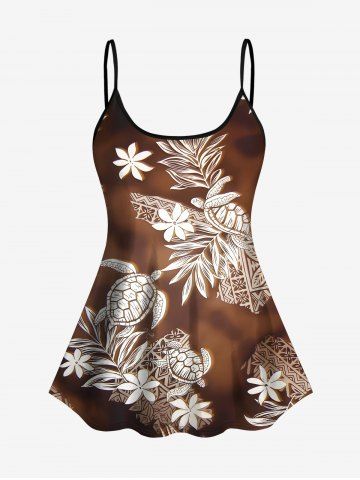 Branch Leaves Floral Turtle Tie Dye Ombre Print Hawaii Sea Creatures Tankini Top - COFFEE - 2X