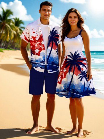 Patriotic American Flag Paint Splatter Coconut Tree Print Plus Size Matching Outfit For Couples - WHITE