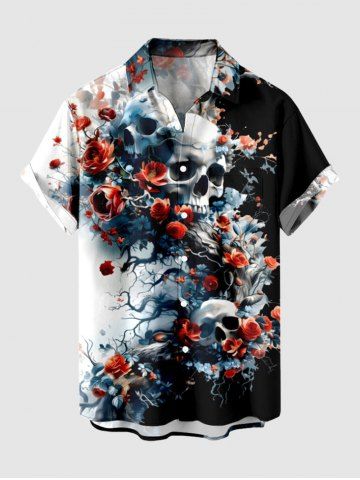 Plus Size Skulls Rose Flower Print Buttons Pocket Hawaii Shirt For Men - BLACK - 5XL