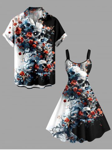 Skulls Rose Flower Print Plus Size Matching Hawaii Beach Outfit For Couples - BLACK