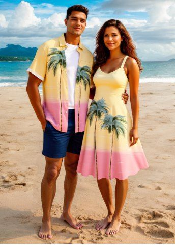 Coconut Tree Colorblock Print Plus Size Matching Hawaii Beach Outfit For Couples - YELLOW