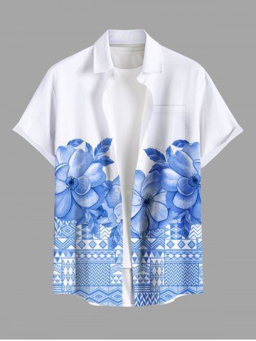 Plus Size Tropical Flowers Leaf Scarf Print Buttons Pocket Hawaii Shirt For Men