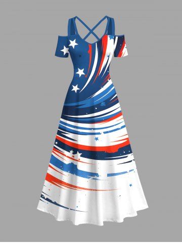 Plus Size Patriotic American Flag Paint Splatter Print Cold Shoulder Crisscross Maxi Dress - WHITE - 5X