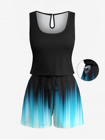 Plus Size Ombre Colorblock Light Beam 3D Print Cinched Hawaii Romper