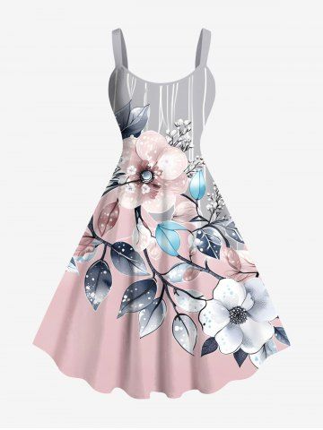Plus Size Flowers Leaf Stripes Print Hawaii Tank Dress - LIGHT PINK - 6X