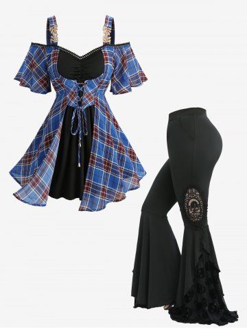 Ensemble 2 en 1 haut à lacets et épaules dénudées à imprimé écossais et pantalon évasé à appliques floquées de crânes, tenue grande taille - BLUE