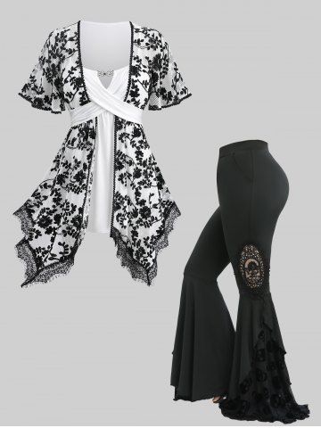 Flowers Embroidery Tassel Lace Trim Top and Skull Flocking Appliques Flare Pants Plus Size Outfit - WHITE