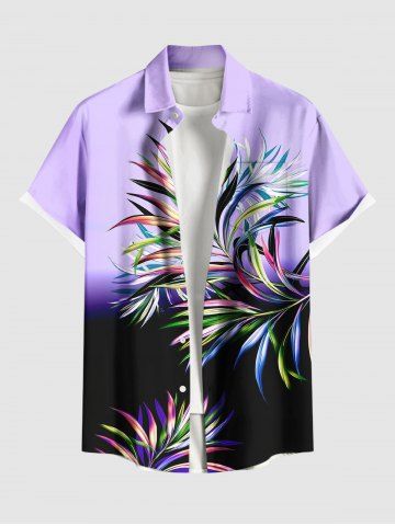 Plus Size Ombre Colorblock Tropical Leaf Print Buttons Pocket Hawaii Shirt For Men - PURPLE - S