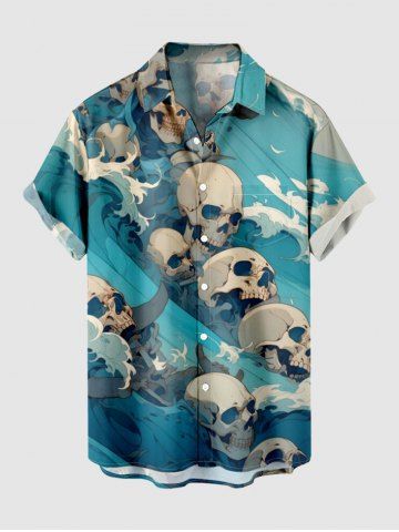 Plus Size Skulls Sea Waves Print Buttons Pocket Hawaii Shirt For Men - GREEN - S
