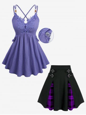 Flower Applique Textured Pocket Crisscross Top and Plaid Buckles High Waisted Mini Skirt Plus Size Outfit - LIGHT PURPLE