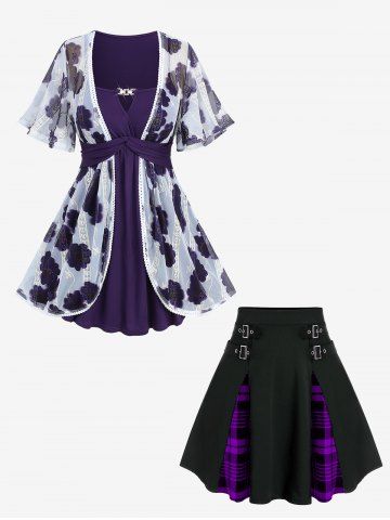 Mesh Jacquard Embroidered Belted 2 in 1 Top and Plaid Buckles High Waisted Mini Skirt Plus Size Outfit - PURPLE