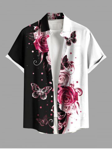 Plus Size Rose Flower Butterfly Curve Pin Dot Print Hawaii Button Pocket Shirt For Men - BLACK - 2XL