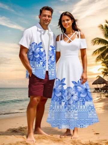 Tropical Flowers Leaf Scarf Print Plus Size Matching Hawaii Beach Outfit For Couples