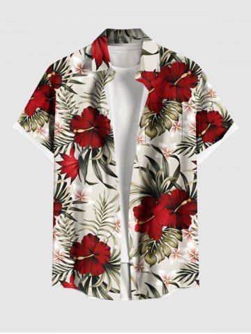 Plus Size Tropical Leaves Hibiscus Floral Print Hawaii Button Pocket Shirt For Men - RED - XL