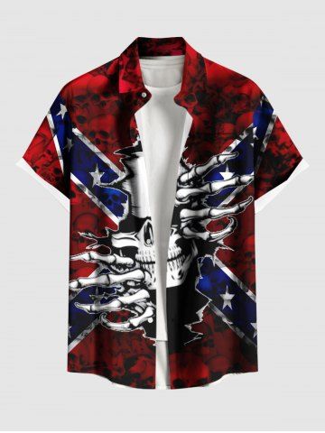 Plus Size Tie Dye Ombre Skull Ripped Patriotic American Flag Print Button Pocket Shirt For Men - RED - S