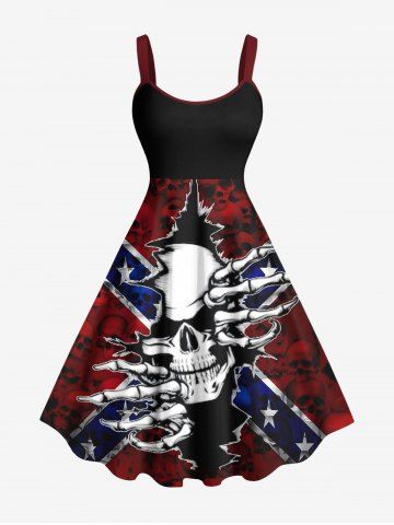Plus Size Tie Dye Ombre Skull Ripped Patriotic American Flag Print A Line Tank Dress - RED - XXS