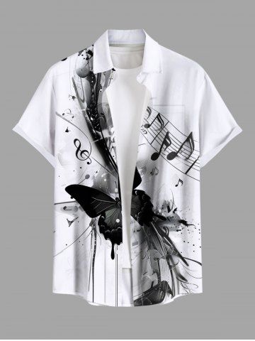 Plus Size Ink Painting Butterfly Music Symbol Print Button Pocket Shirt For Men - WHITE - 4XL