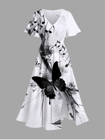 Plus Size Ink Painting Butterfly Music Symbol Print Split Pocket A Line Midi Dress - WHITE - XXS