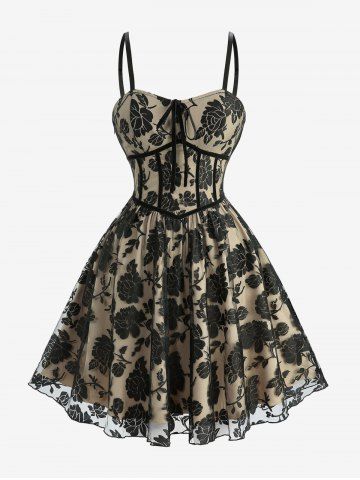 Floral Lace Overlay Tied A Line Layered Cami Dress - LIGHT COFFEE - M