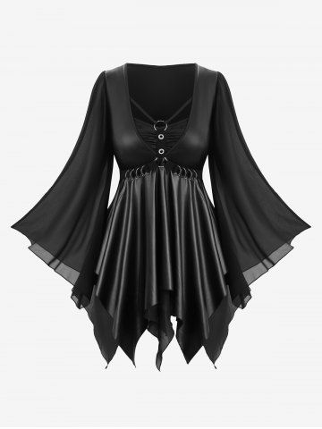 Plus Size Flare Sleeve PU Panel Strappy Layered Handkerchief 2 in 1 Top - BLACK - L | US 12