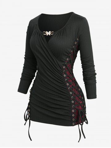Plus Size Skull Fishnet Lace Up Side Ruched Surplice Butterfly Buckle Long Sleeve Top - BLACK - M | US 10