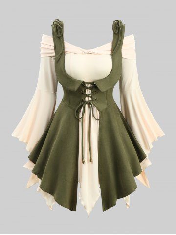 Plus Size Off The Shoulder Flare Sleeves Ruffles Top With Lace Up Grommets Vest - GREEN - M | US 10