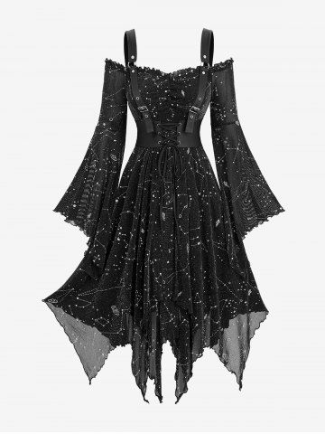 Galaxy Silver Print Lace Up Panel Ruffles Flare Sleeves Asymmetrical Cold Shoulder Dress - BLACK - M