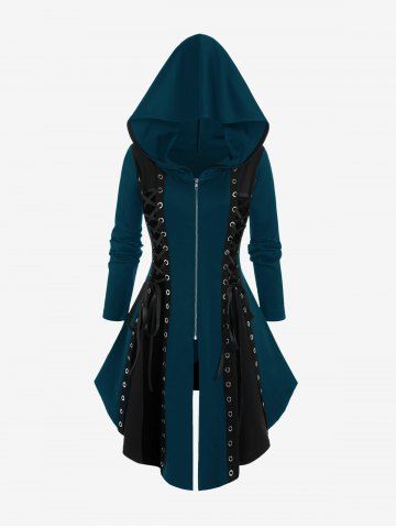 Hooded Lace Up Grommets Colorblock Gothic Coat - DEEP BLUE - 1X | US 14-16