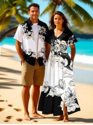 Flower Branch Print Plus Size Matching Hawaii Beach Outfit For Couples -  