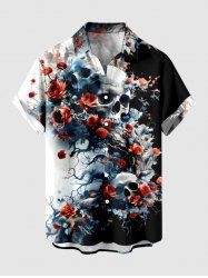 Plus Size Skulls Rose Flower Print Buttons Pocket Hawaii Shirt For Men -  